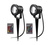 Ygapuzi Luces LED de paisaje que cambian de color de 10 W, control remoto, focos de bajo voltaje de 12V, para entrada, patio, césped, piscina, jardín, con estacas, paquete de 2 (multicolor)