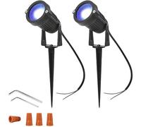 Ygapuzi Luces LED para camino de 5 W, 12 V, bajo voltaje, focos, paredes, árboles, banderas, iluminación exterior para entrada, patio, césped, patio, piscina, jardín, con estacas, 2 Paquete (Azul)