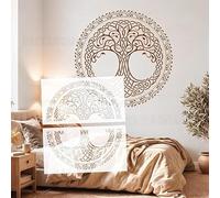 Yggdrasil - Plantillas circulares entretejidas de 70 cm, diseño de bosque ornamentado, patrón de pared, extra grande, para muebles, tamaño grande, reutilizable, S694