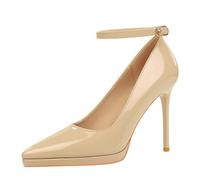 YGJKLIS Mujeres 10.5cm Color sólido Plataforma Tacones Altos Apuntado Cerrado Dedo del pie Tira de Tobillo estiletos Bombas para Baile vestidor (Caqui,37)