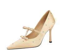 YGJKLIS Mujeres 9.5cm Cerrado Punta del Dedo del pie Tacones Altos Brillante Doble Arco decoración satén Novia Fiesta estileto Bombas para Ocasional (Color champán,35)