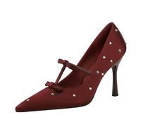 YGJKLIS Mujeres 9.5cm Cerrado Punta del Dedo del pie Tacones Altos Brillante Doble Arco decoración satén Novia Fiesta estileto Bombas para Ocasional (Rojo,38)