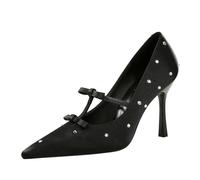 YGJKLIS Mujeres 9.5cm Cerrado Punta del Dedo del pie Tacones Altos Brillante Doble Arco decoración satén Novia Fiesta estileto Bombas para Ocasional (Negro,40)