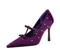 YGJKLIS Mujeres 9.5cm Cerrado Punta del Dedo del pie Tacones Altos Brillante Doble Arco decoración satén Novia Fiesta estileto Bombas para Ocasional (34,púrpura)