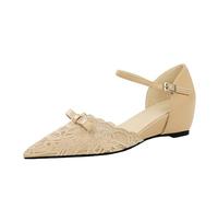 YGJKLIS Mujeres cerradas punta punta encaje hueco-fuera altos tacones aumento de altura dentro de 5 cm fondo plano tobillo correa sandalias (Color champán,36)