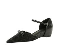 YGJKLIS Mujeres cerradas punta punta encaje hueco-fuera altos tacones aumento de altura dentro de 5 cm fondo plano tobillo correa sandalias (negro,39)