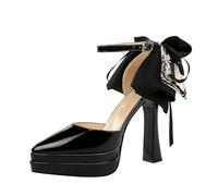 YGJKLIS Mujeres Espalda Negra Estampada Cinta Arco Plataforma tacón Alto | 11.5cm punteado cerrado dedo del pie grueso bloque bombas de tacón, zapatos de baile de boda del club del partido