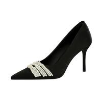 YGJKLIS Mujeres Punteado Dedo del pie 8cm satén estileto Bombas Cadena de Cuentas decoración Noche Fiesta Prom Tacones Altos (Negro,36)