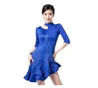 YGLEEULI Vestidos Danza Latina Traje de Baile Latino for Mujer Adulta, Vestido con Flecos y borlas Ondas Irregulares, Ideal for práctica presentaciones Rumba Tango(Blue with Shorts,XXL)