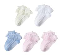 YGMNQAL 5 Pair / 12 Socks Lace Ruffle Princess Ankle Short Breathable Cotton White Pink(Brown,10-13 Years old)
