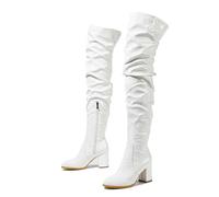 YGMNQAL Autumn Winter White Patent Leather Over The Knee Boots Women Party Zip Thigh High Shoes Fashion Round Toe Thick Heel Pumps(White,36)