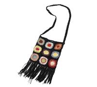 YGMNQAL Bolso De Ganchillo Mujer Bolso de mano for mujer con diseño de cuadrados de abuelita de ganchillo, con ojales florales, flecos y solapa lateral.(Black)