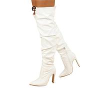 YGMNQAL Fashion Design Pleated Leather Over The Knee Boots Sexy Pointed Toe Zip White High Heels Autumn Winter Women Shoes(White,36)