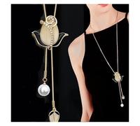YGMNQAL Fashion Hollow Crystal Tulip Pendant Sweater Necklace Silver Color Chain Long For Women(BN55)