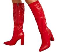 YGMNQAL Fashionable Mid Length Boots With Side Zipper Pointed Knight High Cut Thick Heeled Women's(Red,35)
