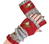 YGMNQAL Guantes Sin Dedos Embroidered Bird Half Finger Gloves, Windproof Knitted Fingerless For Women, Patchwork Winter Mittens(Birdie red)