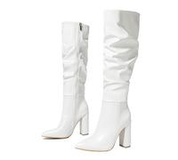 YGMNQAL Winter Street Fashion Pleated Leather Knee High Boots Women Sexy Long Zip Pointed Toe Square Heels Stripper Shoes(White,40)