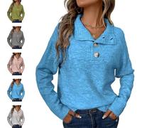 YGSIKY Suéter de punto trenzado con botones y cuello alto para mujer, suéter de punto casual para oficina, azul, L