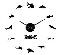 YH Ocean Shark Wall Art DIY Pegatinas de Pared Reloj de Pared Grande Decoración náutica Gran tiburón Blanco Reloj de Pared sin Marco para dormitorio-120CM,Negro
