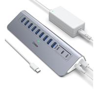 YH9AC - Concentrador USB alimentado de 10 Gbps, divisor USB de 12 puertos con USB A/USB C 3.2, 4 USB 3.0, 2 puertos de carga PD de 45 W, adaptador de corriente de 65 W + cable de 3.3 pies
