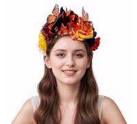 Yheahin Diadema mexicana con corona de rosas para mujer, diadema floral de mariposa, diadema del día de los muertos, disfraz de fiesta de cosplay, accesorios para el cabello (mariposa 3, naranja,