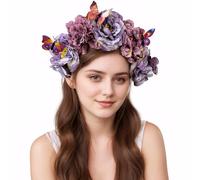Yheahin Diadema mexicana con corona de rosas para mujer, diadema floral de mariposa, diadema del día de los muertos, disfraz de fiesta de cosplay, accesorios para el cabello (mariposa 2, morado,