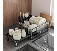 YheenLf Escurreplatos sobre Fregadero, Escurridor de Platos para secar Cubiertos y Tazas Extensible(44-69cm) con Caño de Drenaje Giratorio, Estantes de Tazas, Negros