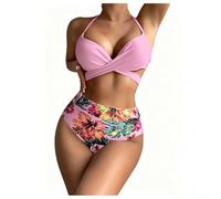 Yhenlovtt Conjunto de traje de baño de poliéster con abertura estampada | Diseño dividido impreso, tela de poliéster, longitud regular, incluye bañador, listo para vacaciones en la playa