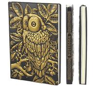 YHH Diario de Viaje Vintage, Libretas Bonitas A5 Tapa Dura, Cuaderno A5 Rayas, Relieve, Hecho a mano, 200 páginas de Rayas, Cuero Sintético, Notebook Per Escolar Oficina Trabajo, 3D Búho Bronce