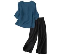 YHHRJAI 2026 Chándal de Lino para Mujer de Verano Elegante a Juego con Camisa Ancha Pantalones Ligeros de Algodón y Lino Verano Chándales Gimnasia Primavera Curvy Juego dos piezas manga 3/4 para