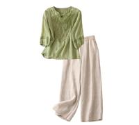 YHHRJAI 2026 Conjunto Dos Piezas Mujer Algodón lino Casual Camiseta manga corta y Pantalones otoño Primavera Deportivo Traje Talla grande Suelto Conjunto Moda Color sólido Cómodo Casa Pijama