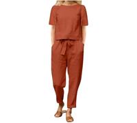 YHHRJAI 2026 Conjunto Dos Piezas Mujer Algodón lino Casual Camiseta manga corta y Pantalones otoño Primavera Deportivo Traje Talla grande Suelto Conjunto Moda Color sólido Cómodo Casa Pijama