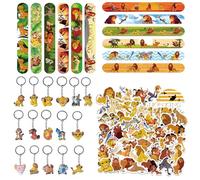 Yhjxly Juego de obsequios para fiesta de león, accesorios de fiesta de safari, 78 unidades, regalo de fiesta del Rey León, 16 llaveros, 12 pulseras de chupete, 50 pegatinas para niños y niñas