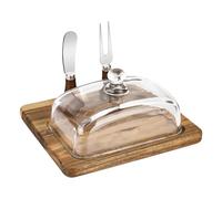 YHNDECO Mantequera con tapa de madera, cuchillo y tenedor, mantequillera con tapa de cristal, mantequillera de bambú y acacia, caja de mantequilla para el hogar y la cocina