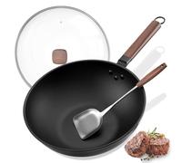 Yhngly Sartén Wok No Toxica de 33 cm/5,6 l con Tapa, de Acero al Carbono, Sin Revestimiento Químico y Sin Toxicos, para Cocinar Platos Asiáticos para 4-6 Personas, Inducción, Eléctrica, Gas