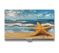 YHNNH Portatarjetas de visita, funda delgada de aleación de aluminio portátil para tarjetas de visita, diseño de estrella de mar en la playa, soporte para tarjetas de crédito de metal para mujeres y