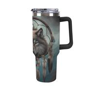 YHNNH Vaso de 40 onzas con asa y popote, diseño de atrapasueños de lobos en 3D, de acero inoxidable, reutilizable, a prueba de fugas, aislado, con tapas, cabe en el portavasos del coche