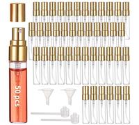 YHomU 50 mini botellas pulverizadoras, botellas de perfume de vidrio recargables de 5 ml, atomizadores de niebla fina dorada con tapas, recipientes de muestra de viaje para líquidos, incluye 2 embudos