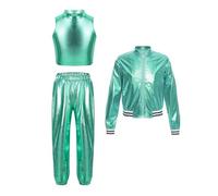 Yhong Set de 3 piezas para niña Hip Hop ropa de baile en sudadera con capucha, pantalones de jogging para niños metalizados, conjunto deportivo con glitter, ropa urbana informal, azul/verde, 110/116