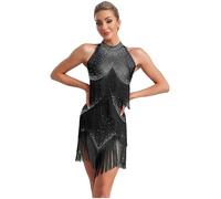 Yhong Vestido de baile latino para mujer, sin mangas, cuello alto, camiseta de baile latino, falda de samba, tango, disfraz de cóctel, Negro , XL