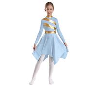 Yhong Vestido de baile metálico para niña, vestido de alabanza, traje de danza, bloque de color, vestido de vals de la iglesia, vestido de danza litúrgica, vestido de adoración, azul claro, 134-140