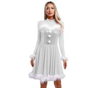 Yhong Vestido de Navidad para mujer, manga larga, de terciopelo, vestido de Navidad, swing en A, vestido de Papá Noel, disfraz de Papá Noel, plateado, XXL
