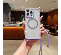 Yhsvie Funda magnética para teléfono móvil para iPhone 14 Pro Max, transparente con banda de purpurina y diamante con cordón para colgar, color morado