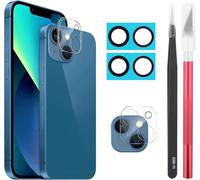 YHX-OU Para iPhone 13 13 Mini Lente Cristal Cámara Trasera [2 Piezas] Con Pinzas + 2 Piezas Cámara Vidrio Templado + Herramienta de Instalación