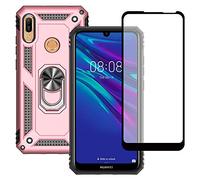 Yiakeng Funda Huawei Y6 2019 New Edition Carcasa con Protector Pantalla Cristal Templado, Silicona Armor Case con Kickstand para Huawei Y6 2019 (Oro Rosa)