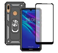 Yiakeng Funda Huawei Y6 2019 New Edition Carcasa con Protector Pantalla Cristal Templado, Silicona Armor Case con Kickstand para Huawei Y6 2019 (Negro)