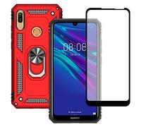 Yiakeng Funda Huawei Y6 2019 New Edition Carcasa con Protector Pantalla Cristal Templado, Silicona Armor Case con Kickstand para Huawei Y6 2019 (Rojo)