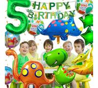 YianHien XXL Decoración Cumpleaños Dino, Set Balones Cumpleaños Infantil Dinosaurio, Decoración Fiesta Tema Jungla Dino con Globo de Aluminio, Balones Cumpleaños Dino con Globo Número Gigante (5 Años)