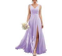 YIANN Vestido de dama de honor de gasa para mujer con abertura para boda, fiesta, plisado, cuello en V, vestido largo formal de noche, Lila, 42