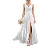YIANN Vestido de dama de honor de gasa para mujer con abertura para boda, fiesta, plisado, cuello en V, vestido largo formal de noche, blanco, 22 Más